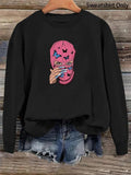Women'WB shield Butterfly & Mask Figure Print Drop Shoulder Sweatshirt, Casual Long Sleeve Round Neck Pullover for Fall &...