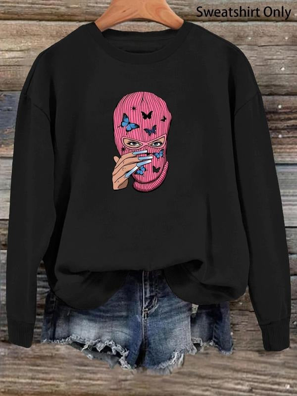 Women'WB shield Butterfly & Mask Figure Print Drop Shoulder Sweatshirt, Casual Long Sleeve Round Neck Pullover for Fall &...