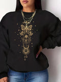 Women'WB shield Butterfly & Moon Print Round Neck Pullover, Fashion Casual Crew Neck Sweatshirt for Daily Holiday Outdoor...