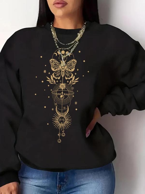 Women'WB shield Butterfly & Moon Print Round Neck Pullover, Fashion Casual Crew Neck Sweatshirt for Daily Holiday Outdoor...