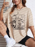 Women'WB shield Butterfly & Mushroom & Skull Print Round Neck Graphic Tee, Vintage Trendy Casual Drop Shoulder T-shirt...