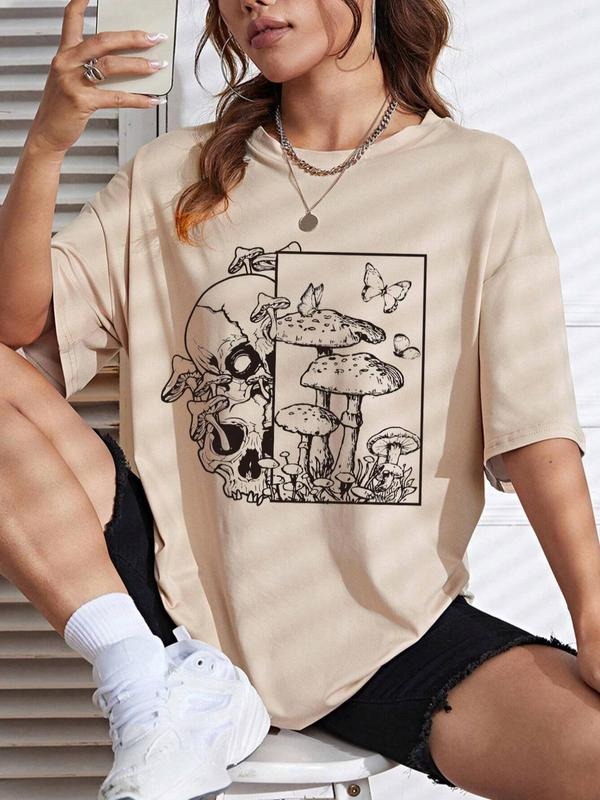 Women'WB shield Butterfly & Mushroom & Skull Print Round Neck Graphic Tee, Vintage Trendy Casual Drop Shoulder T-shirt...