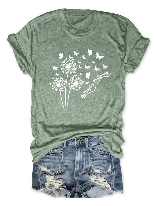 Women'WB shield Butterfly & Plants & Letter Print Round Neck Tee, Casual Short Sleeve T-shirt for Daily Wear, Ladies TNF...