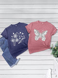 Women'WB shield Butterfly & Plants Print Round Neck Tee, Casual Short Sleeve T-Shirt for Daily Wear, Ladies TNF for Spiky...