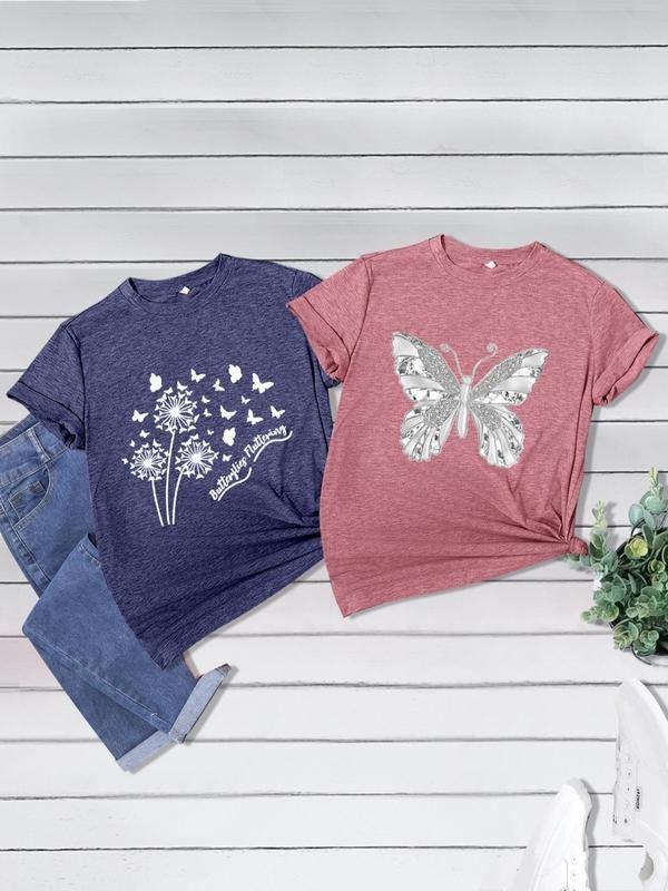 Women'WB shield Butterfly & Plants Print Round Neck Tee, Casual Short Sleeve T-Shirt for Daily Wear, Ladies TNF for Spiky...