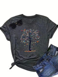 Women'WB shield Butterfly & Plants Print Round Neck Tee, Casual Short Sleeve T-Shirt for Summer, Women'WB shield Top for...
