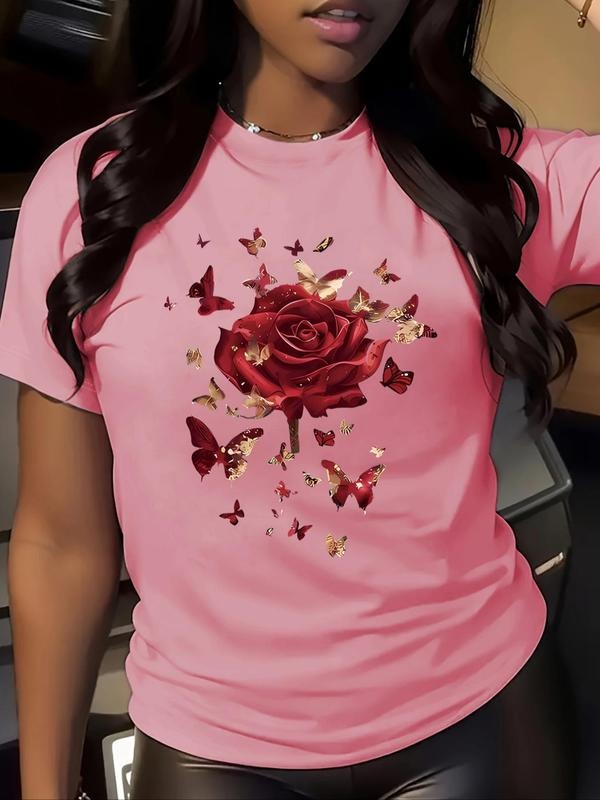 Women'WB shield Butterfly & Rose Print Round Neck Tee, Fashion Casual Crew Neck T-shirt for Daily Holiday Vacation...
