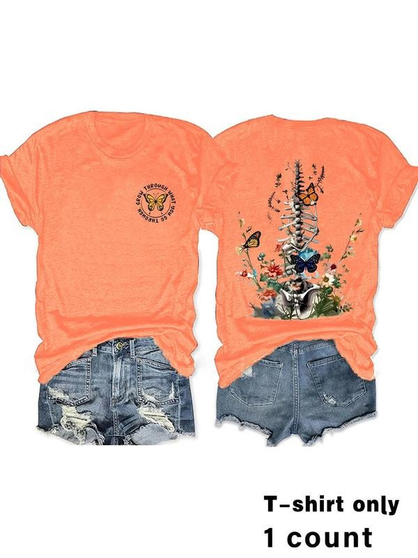 Women'WB shield Butterfly & Skeleton Print Round Neck Tee, Fashion Casual Crew Neck T-shirt for Daily Holiday Vacation...