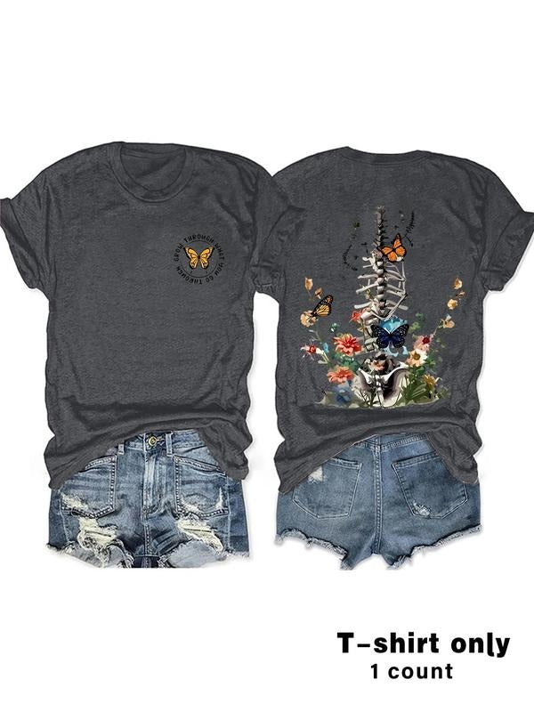 Women'WB shield Butterfly & Skeleton Print Round Neck Tee, Fashion Casual Crew Neck T-shirt for Daily Holiday Vacation...