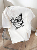 Women'WB shield Butterfly & Snake & Letter Print Round Neck Tee, Trendy Casual Drop Shoulder Short Sleeve T-Shirt for...