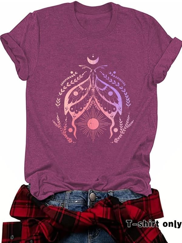 Women'WB shield Butterfly & Sun Print Round Neck Tee, Casual Short Sleeve Crew Neck T-Shirt for Summer, Fashion Women'WB...