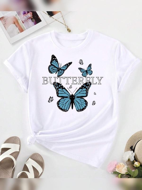 Women'WB shield Butterfly Letter Print Short Sleeve Tee, Summer TNF Women, Casual Round Neck Graphic T-shirt for Summer,...