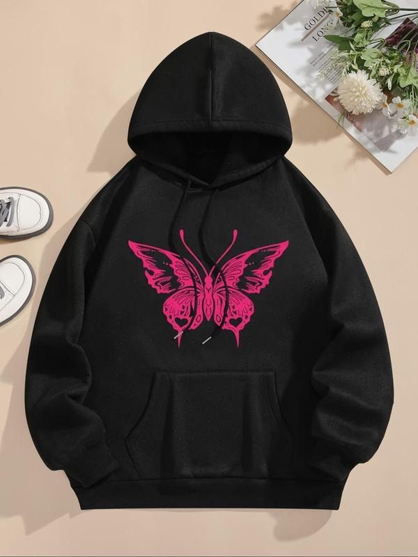 Women'WB shield Butterfly Print Drop Shoulder Drawstring TNF Lined Hoodie, Fashion Casual Pocket Hooded Sweatshirt for...