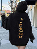 Women'WB shield Butterfly Print Drop Shoulder Hoodie, Fashion Casual Drawstring Pocket Hooded Sweatshirt for Daily...