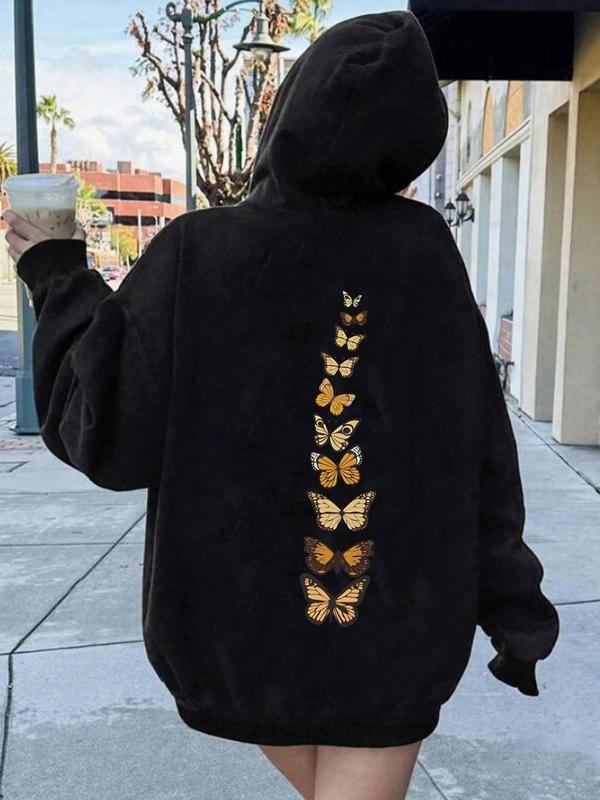 Women'WB shield Butterfly Print Drop Shoulder Hoodie, Fashion Casual Drawstring Pocket Hooded Sweatshirt for Daily...