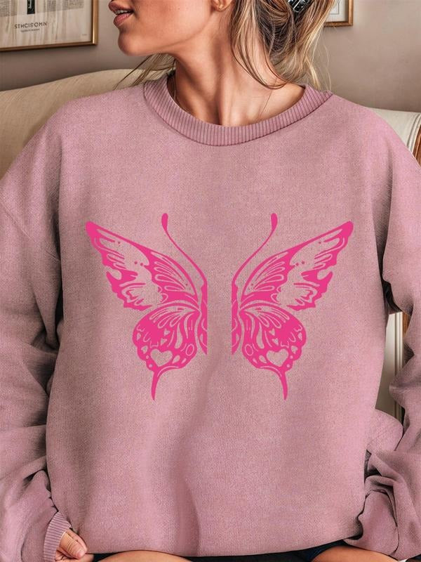 Women'WB shield Butterfly Print Drop Shoulder Sweatshirt, Casual Long Sleeve Round Neck Pullover for Fall & Winter,...