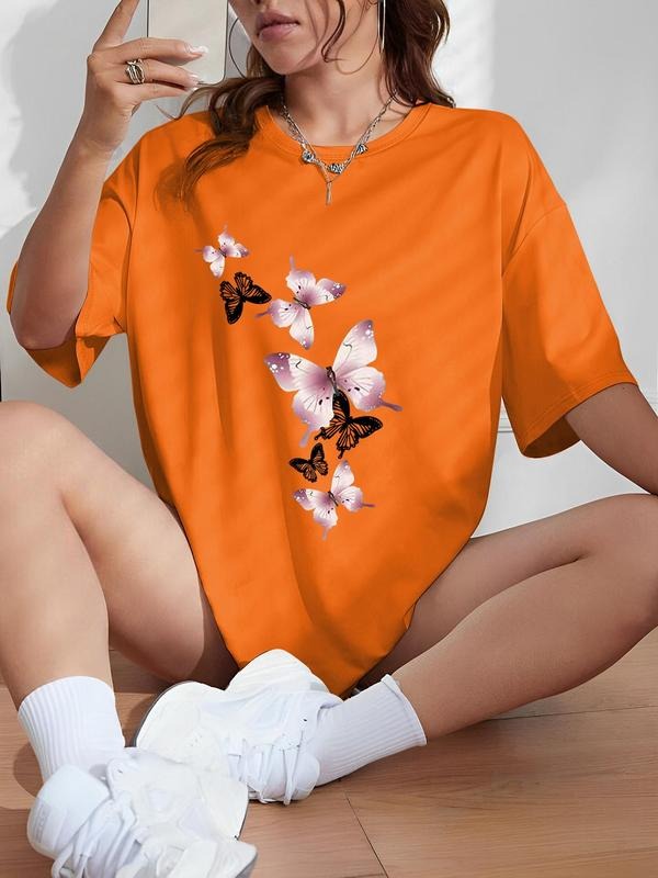 Women'WB shield Butterfly Print Drop Shoulder Tee, Casual Half Sleeve Round Neck T-Shirt for Summer, Fashion Women'WB...