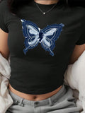 Women'WB shield Butterfly Print Round Neck Crop Tee, Trendy Casual Crew Neck Short Sleeve T-shirt For Daily Wear, Ladies...