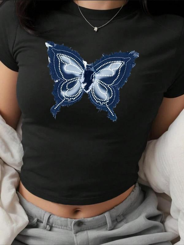Women'WB shield Butterfly Print Round Neck Crop Tee, Trendy Casual Crew Neck Short Sleeve T-shirt For Daily Wear, Ladies...