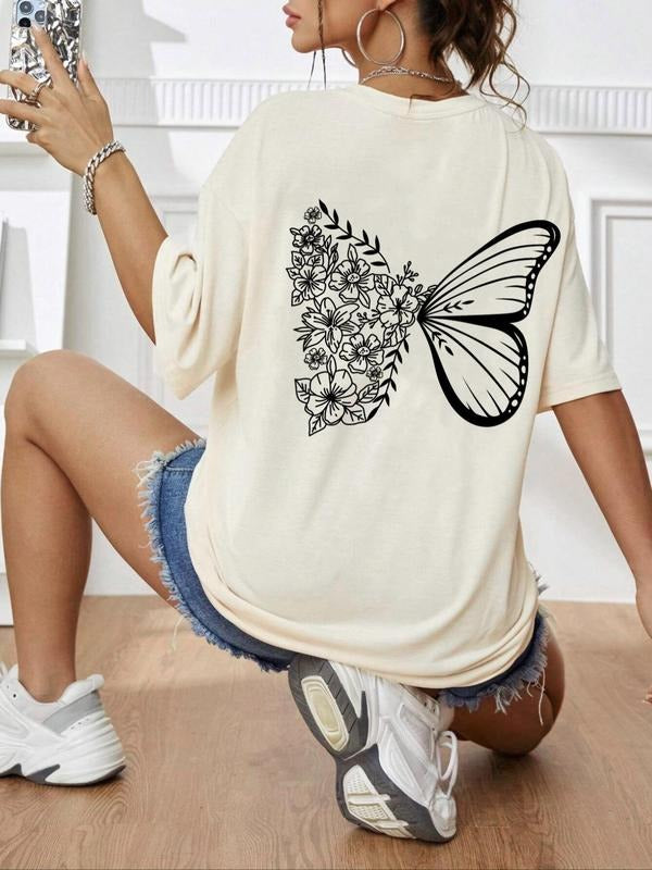 Women'WB shield Butterfly Print Round Neck Drop Shoulder Tee, Summer TNF Women, Fashion Casual Crew Neck T-shirt for...