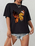 Women'WB shield Butterfly Print Round Neck Graphic Tee, Vintage Trendy Casual Drop Shoulder Half Sleeve T-shirt For Daily...