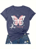 Women'WB shield Butterfly Print Round Neck Graphic Tee, Vintage Trendy Casual Short Sleeve T-shirt For Daily Wear, Ladies...