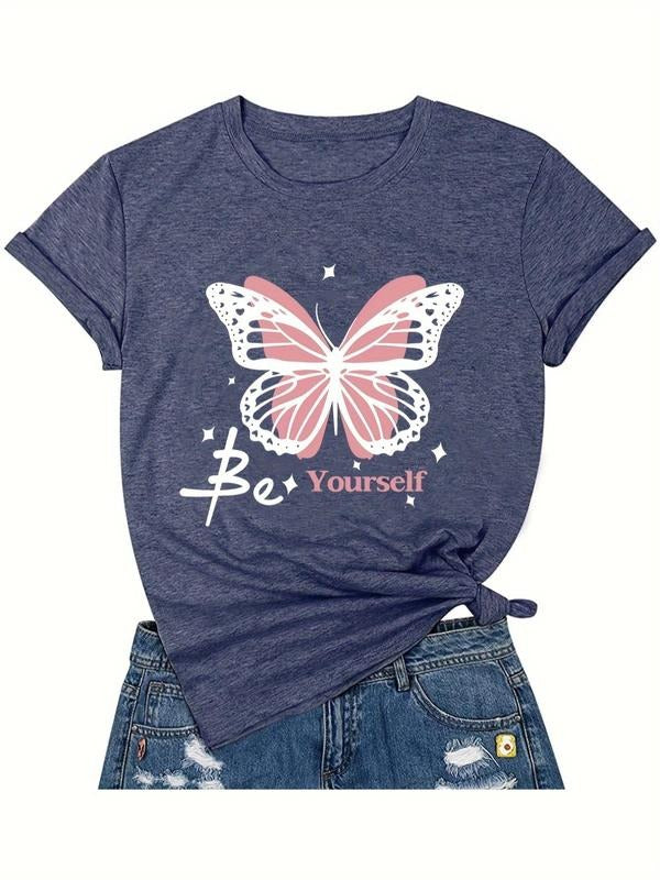 Women'WB shield Butterfly Print Round Neck Graphic Tee, Vintage Trendy Casual Short Sleeve T-shirt For Daily Wear, Ladies...