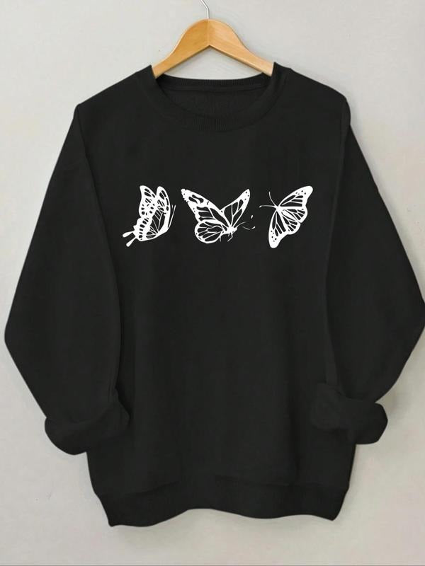 Women'WB shield Butterfly Print Round Neck Sweatshirt, Casual Long Sleeve Crew Neck Pullover for Spring & Fall, Fashion...