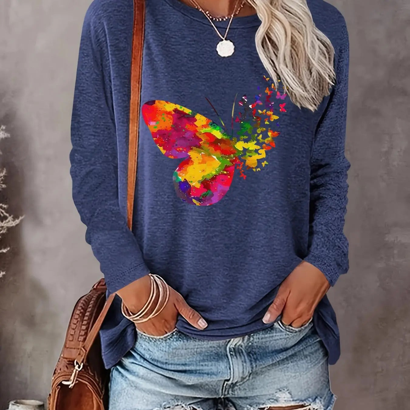 Women'WB shield Butterfly Print Round Neck T-shirt, Fashion Casual Long Sleeve Tee, Women'WB shield Top for Daily Wear...