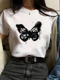 Women'WB shield Butterfly Print Round Neck Tee, Casual Short Sleeve Crew Neck T-shirt for Daily Wear, Ladies TNF for...