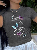 Women'WB shield Butterfly Print Round Neck Tee, Casual Short Sleeve T-shirt for Summer, Ladies TNF for Daily Wear Hoodie,...