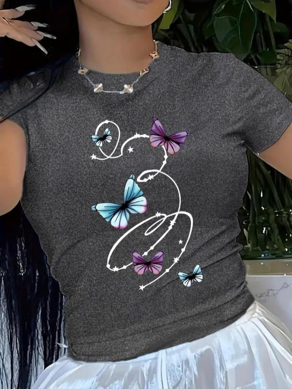 Women'WB shield Butterfly Print Round Neck Tee, Casual Short Sleeve T-shirt for Summer, Ladies TNF for Daily Wear Hoodie,...