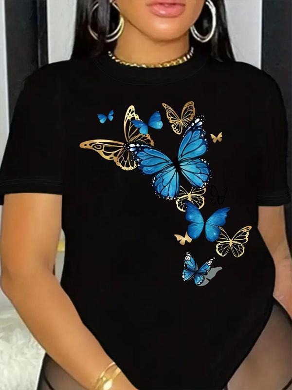 Women'WB shield Butterfly Print Round Neck Tee, Fashion Casual Crew Neck Short Sleeve T-shirt for Daily Holiday Vacation...