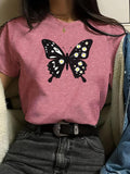 Women'WB shield Butterfly Print Round Neck Tee, Fashion Casual Crew Neck T-Shirt for Daily Holiday Vacation Outdoor Wear,...
