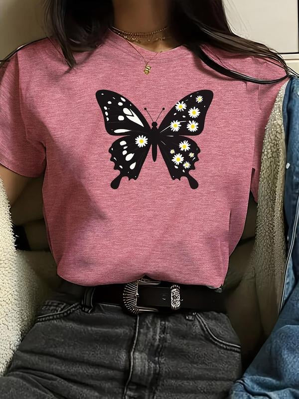 Women'WB shield Butterfly Print Round Neck Tee, Fashion Casual Crew Neck T-Shirt for Daily Holiday Vacation Outdoor Wear,...