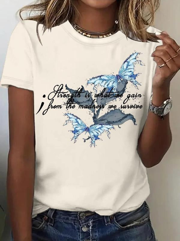 Women'WB shield Butterfly Print Round Neck Tee, Fashion Casual Crew Neck T-Shirt for Daily Holiday Vacation Outdoor Wear,...