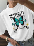 Women'WB shield Butterfly Print Round Neck Tee, Fashion Casual Crew Neck T-Shirt for Daily Holiday Vacation Outdoor Wear,...