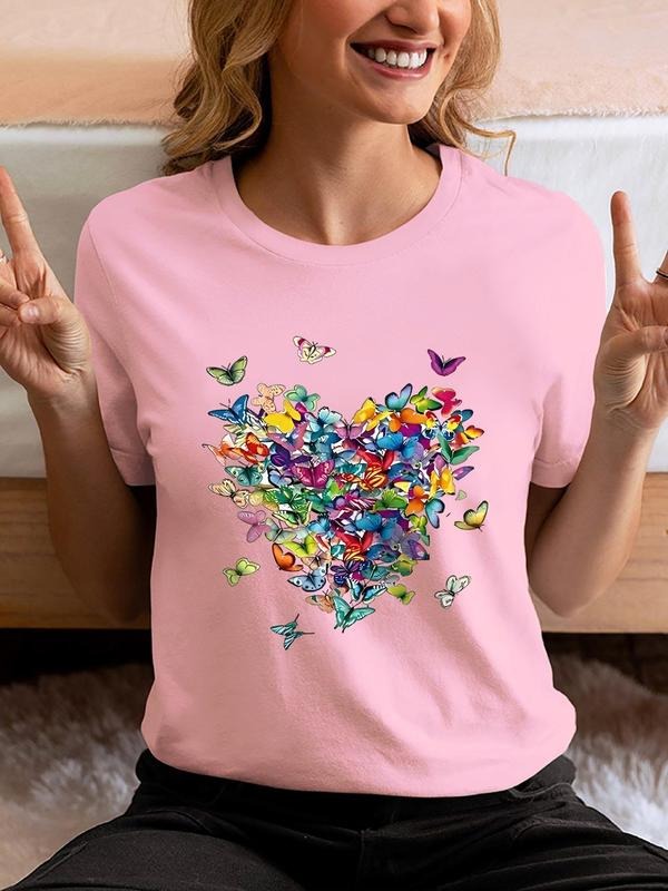 Women'WB shield Butterfly Print Round Neck Tee, Fashion Casual Crew Neck T-shirt for Daily Holiday Vacation Outdoor Wear,...