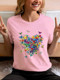 Women'WB shield Butterfly Print Round Neck Tee, Fashion Casual Crew Neck T-shirt for Daily Holiday Vacation Outdoor Wear,...