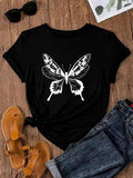 Women'WB shield Butterfly Print Round Neck Tee, Fashion Crew Neck Short Sleeve T-Shirt, Ladies Summer Outfit for Daily...