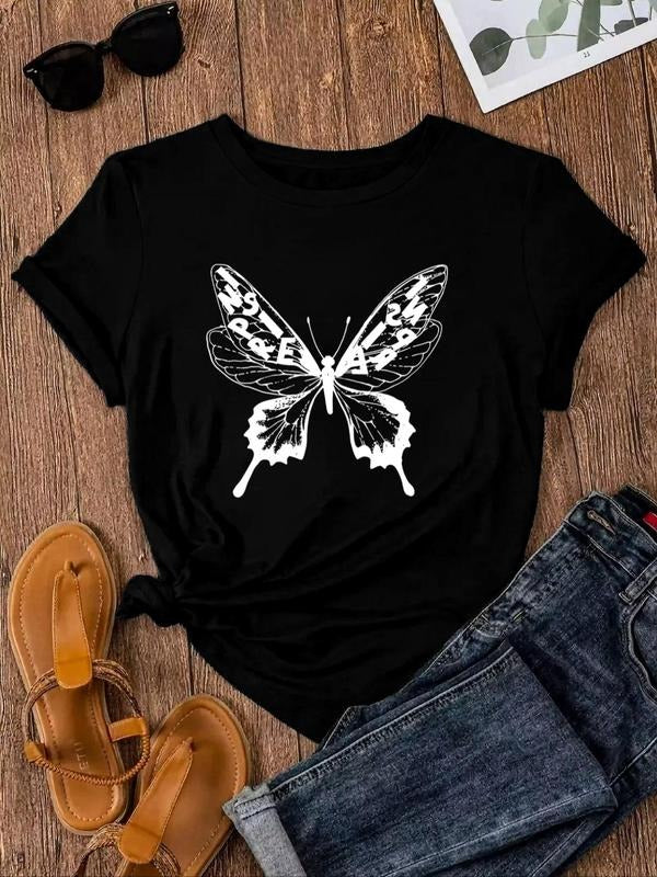 Women'WB shield Butterfly Print Round Neck Tee, Fashion Crew Neck Short Sleeve T-Shirt, Ladies Summer Outfit for Daily...