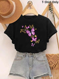 Women'WB shield Butterfly Print Round Neck Tee, Trendy Crew Neck Short Sleeve T-Shirt, Ladies Summer Outfit Hoodie,...