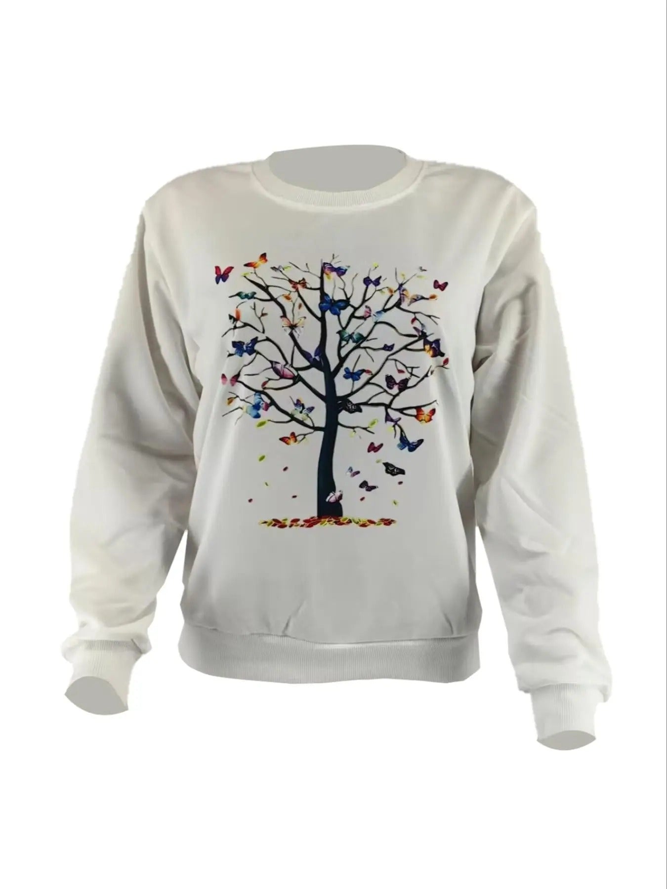 Women'WB shield Butterfly Tree Print Round Neck Pullover, Fashion Casual Crew Neck Sweatshirt for Daily Holiday Outdoor...