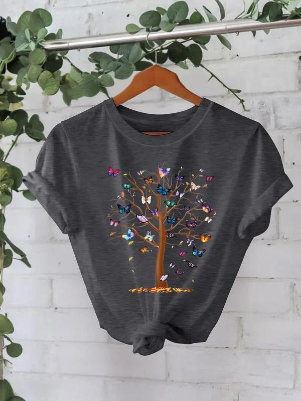 Women'WB shield Butterfly Tree Print Round Neck Tee, Fashion Casual Crew Neck T-Shirt for Daily Holiday Vacation Outdoor...