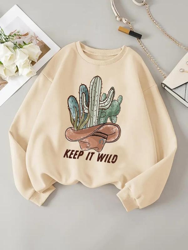 Women'WB shield Cactus & Letter Print Drop Shoulder Sweatshirt, Casual Long Sleeve Round Neck Pullover for Daily Wear,...