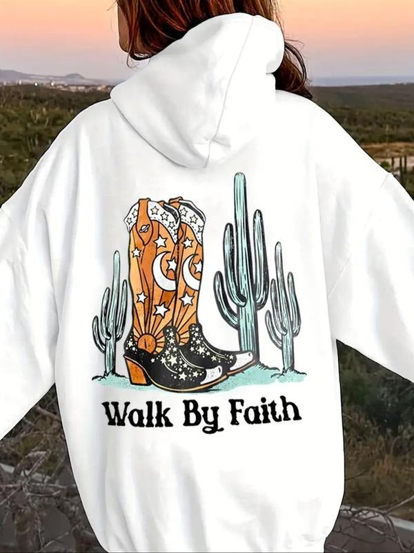 Women'WB shield Cactus & Letter Print Hoodie, Casual Comfy Walk by Faith Hooded Sweatshirt for Daily Holiday Outdoor...