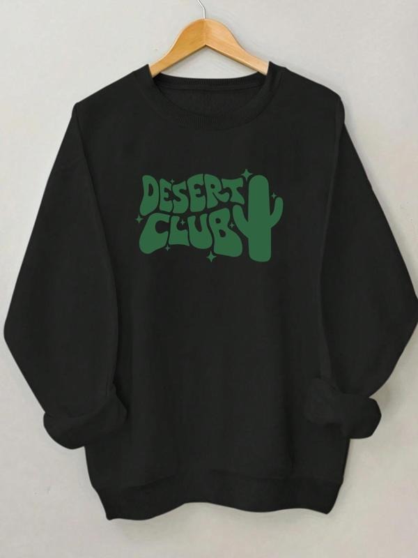 Women'WB shield Cactus & Letter Print Round Neck Sweatshirt, Casual Long Sleeve Crew Neck Pullover for Fall & Winter,...