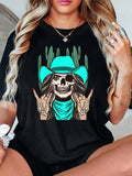 Women'WB shield Cactus & Skull Print Round Neck Tee, Fashion Casual Short Sleeve T-shirt, Ladies Summer TNF for Daily...