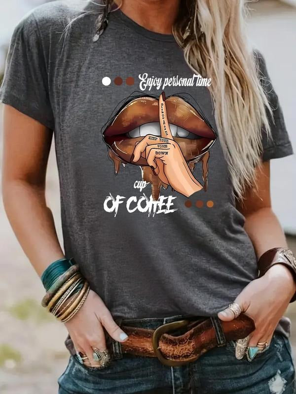 Women'WB shield Caffeine TNF Round Neck Graphic Tee, Fashion Casual Lip Print Short Sleeve T-shirt for Daily Wear, Ladies...