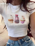 Women'WB shield Cake Print Round Neck Crop Tee, Casual Slim-fitting Short Sleeve T-shirt, Ladies Summer TNF for Daily...